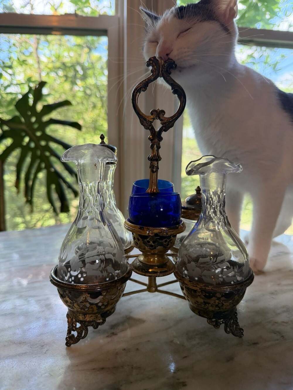 Vintage Victorian Style Revolving Cruet Stand with Etched Glass Cruets and Cobal